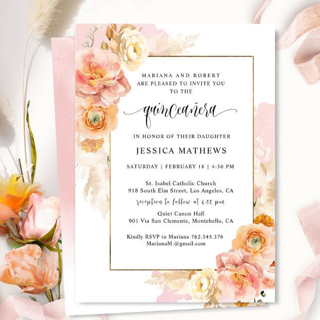 Invitación Elegante, Único acuarela Rosa Floral Quinceañera (Subido por el creador)