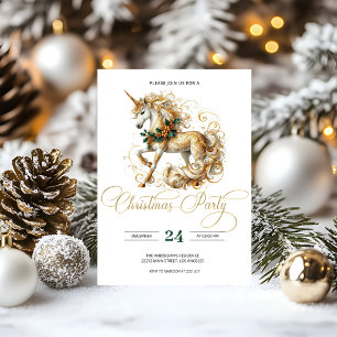 Invitación Elegante Unicornio de Navidad Blanco y Dorado
