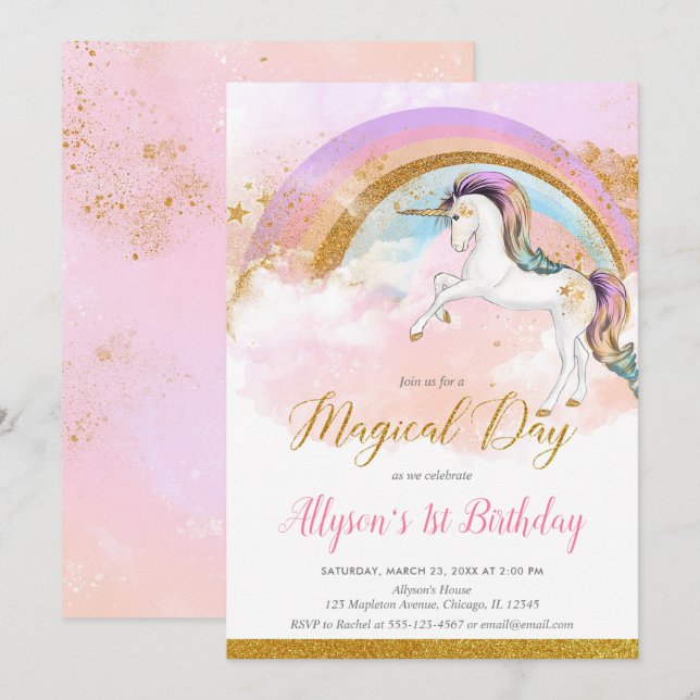 Invitación Elegante unicornio fiesta de cumpleaños chica arco (Anverso / Reverso)