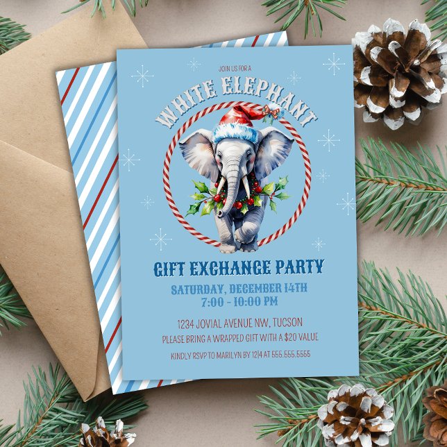 Invitación Elegante vacaciones azules intercambio de regalos  (Light Baby Blue White Elephant Christmas party gift exchange party invitations with holly and candy)