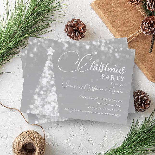 Invitación Elegante vacaciones de árbol de navidad brillante  (Elegant Silver Shimmering Xmas Tree Holiday Invitation)
