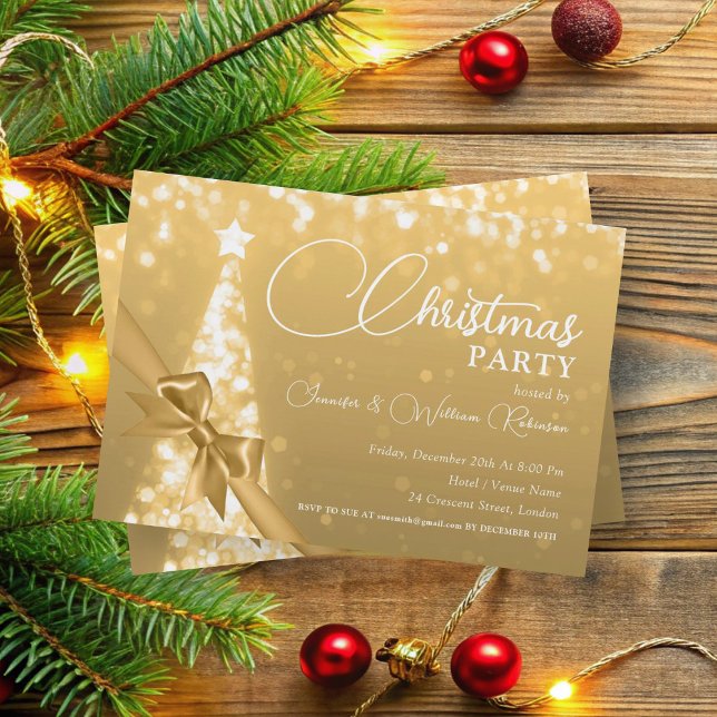 Invitación Elegante vacaciones de árbol de navidad de oro des (Elegant Gold Shimmering Xmas Tree Holiday Invitation)