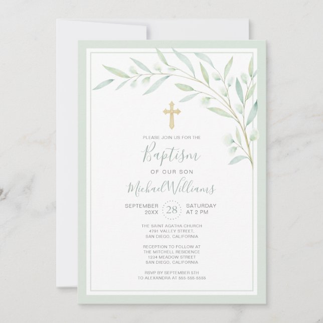 Invitación Elegante vegetación acuarela Género Bautismo neutr (Anverso)