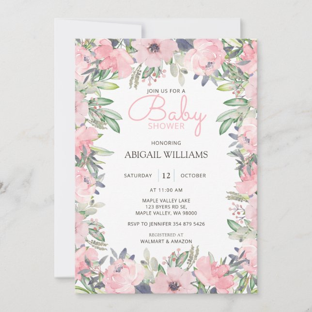 Invitación Elegante vegetación Baby Shower color rosa (Anverso)