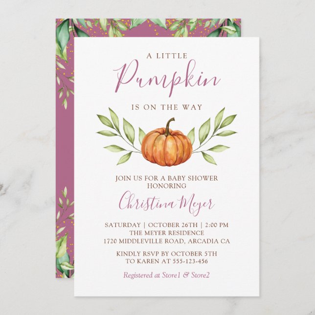 Invitación Elegante vegetación Baby Shower de calabaza otoñal (Anverso / Reverso)