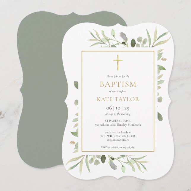 Invitación Elegante vegetación bautizo cristiano (Anverso / Reverso)