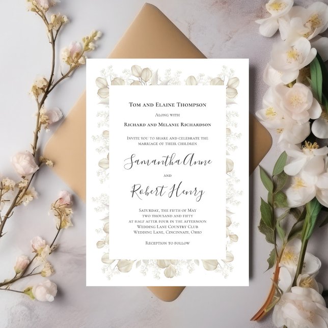 Invitación Elegante vegetación Boda verde sabio (Simple and elegant sage green and cream foliage wedding invitation.)