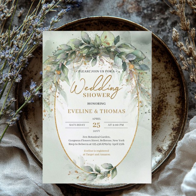 Invitación Elegante vegetación boho y ducha de oro Wedding (watercolor green eucalyptus wreath wedding shower invitation digital)