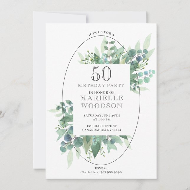 Invitación Elegante vegetación botánica 50 cumpleaños (Anverso)