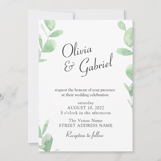 Invitación Elegante vegetación botánica. Boda simple (Anverso)
