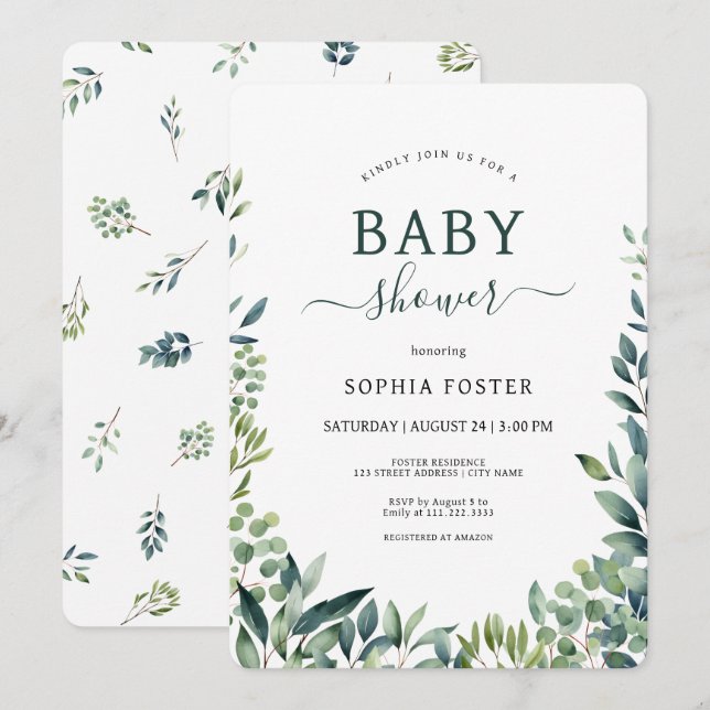 Invitación Elegante vegetación botánica deja Baby Shower (Anverso / Reverso)