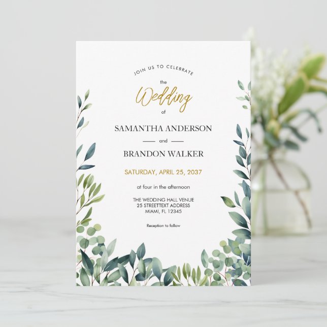 Invitación Elegante vegetación botánica deja Boda (Anverso de pie)