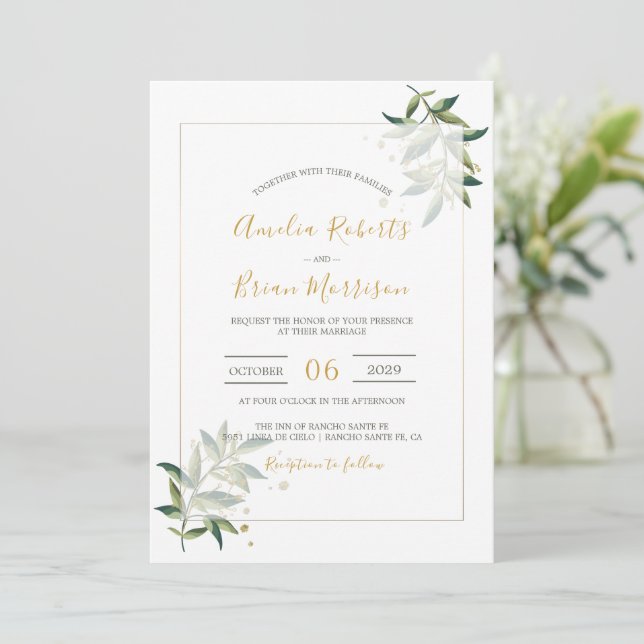 Invitación Elegante vegetación botánica en Boda dorado 2 (Anverso de pie)