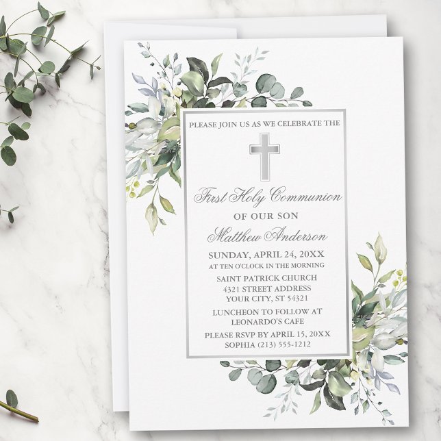 Invitación Elegante vegetación botánica Plata de la Santa Com (Customize to change text color, size, style or to add photos or more text to back of card.)