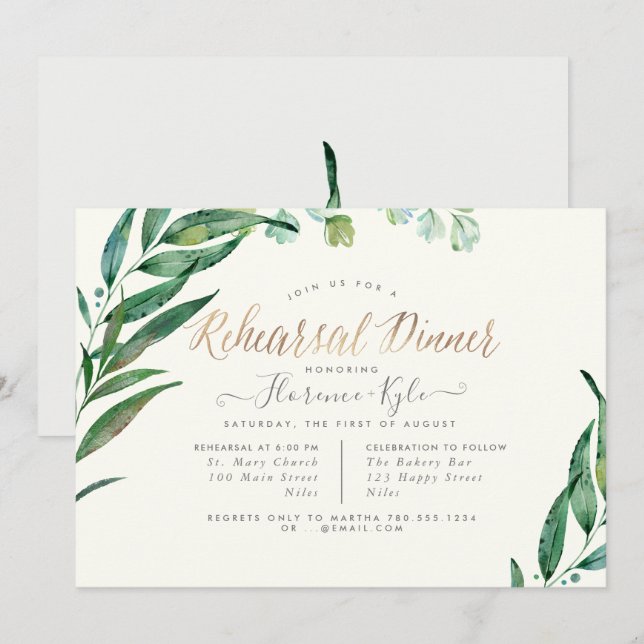 Invitación Elegante vegetación, cena eucaliptus vs ensayo (Anverso / Reverso)