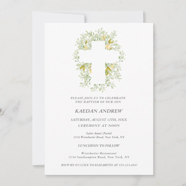 Invitación Elegante vegetación Crema Floral Baptismo Invitaci (Anverso)