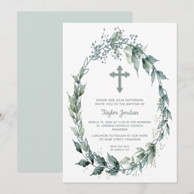 Invitación Elegante vegetación cruzada Baptismo Wreath (Anverso / Reverso)
