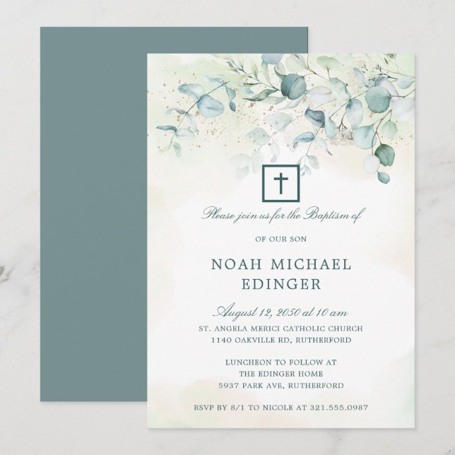 Invitación Elegante vegetación cruzada Eucalyptus Bautismo (Anverso / Reverso)