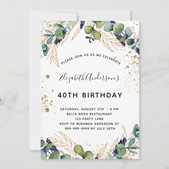 Invitación Elegante vegetación de eucalipto de cumpleaños (Anverso)