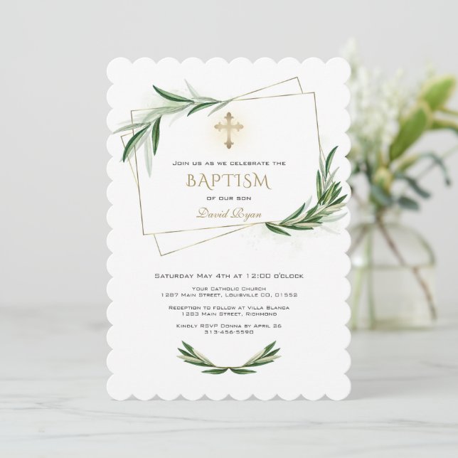 Invitación Elegante vegetación de oliva cruza de oro bautismo (Anverso de pie)