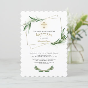 Invitación Elegante vegetación de oliva cruza de oro bautismo