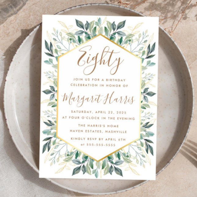 Invitación Elegante vegetación de oro deja 80 cumpleaños (Subido por el creador)