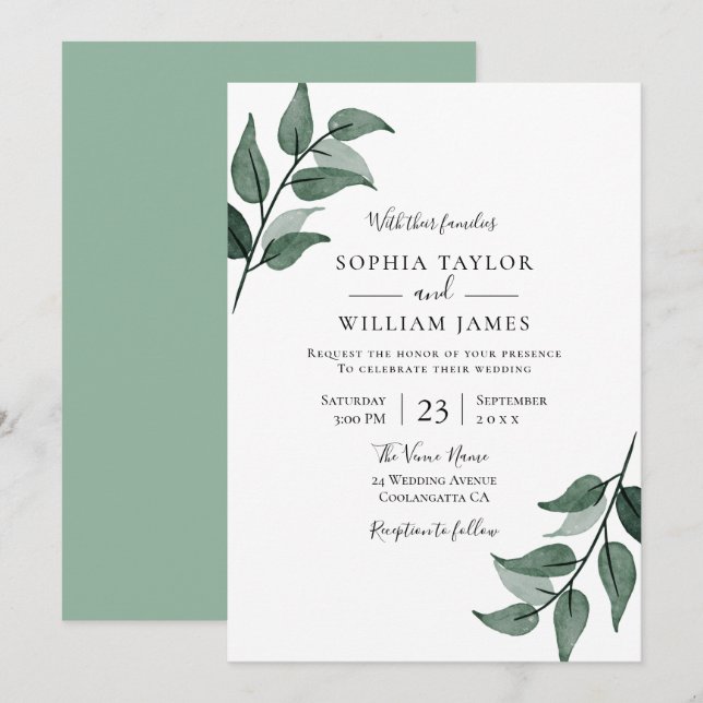 Invitación Elegante vegetación deja la boda de primavera (Anverso / Reverso)