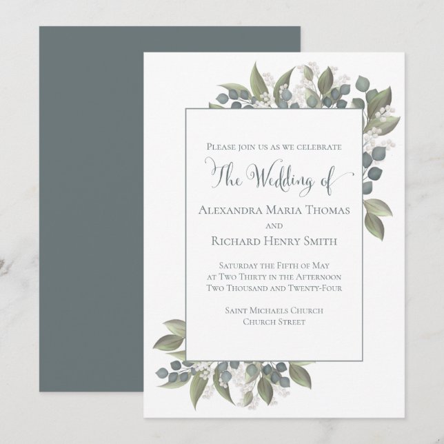 Invitación Elegante vegetación del follaje de Eucalipto azul  (Anverso / Reverso)