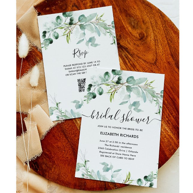 Invitación Elegante vegetación | Ducha de novias con código Q (An elegant bridal shower invitation with greenery and a scannable QR code)