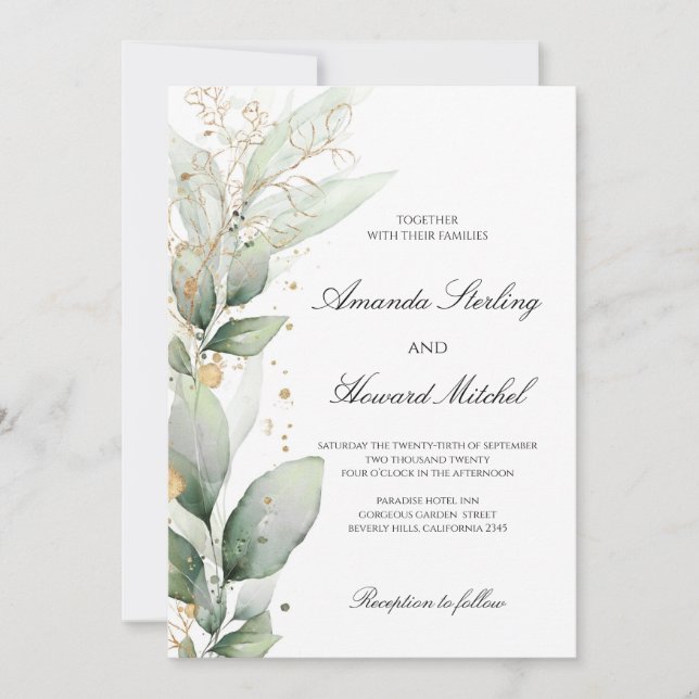 Invitación Elegante vegetación eucalipto hojas boda de oro (Anverso)