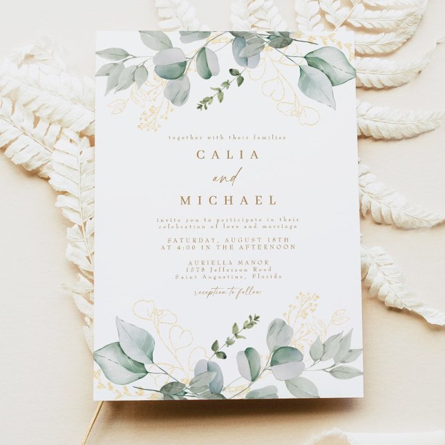 Invitación Elegante vegetación eucaliptos y Boda de oro (Subido por el creador)