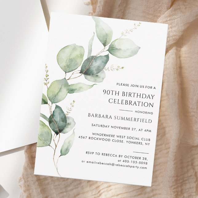 Invitación Elegante vegetación Eucalyptus 90 cumpleaños (Elegant Greenery Eucalyptus 90th Birthday Invitation)