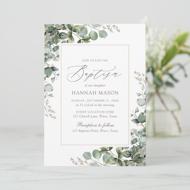 Invitación Elegante vegetación Eucalyptus Bautismo (Anverso de pie)
