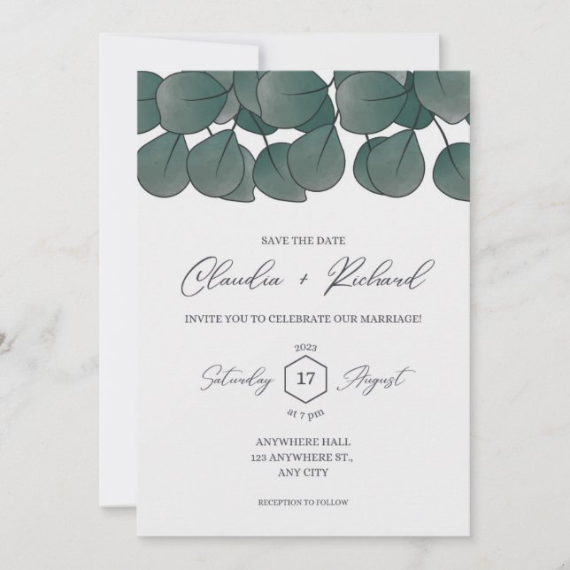 Invitación Elegante vegetación Eucalyptus deja un ambiente rú (Anverso)