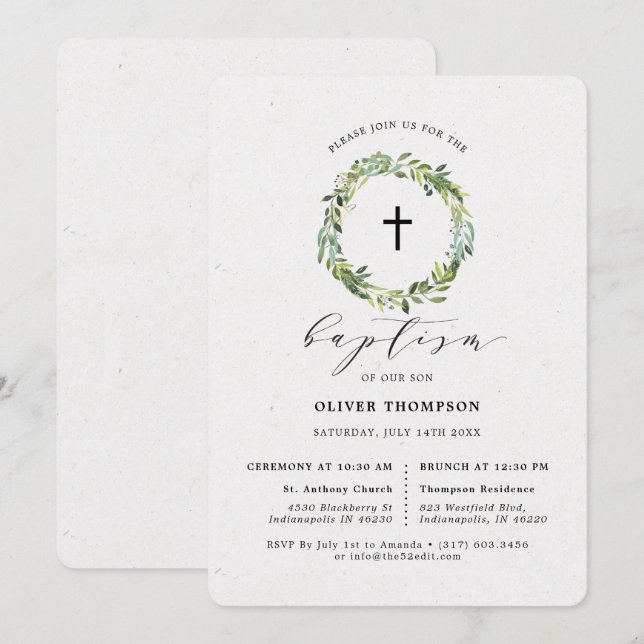 Invitación Elegante vegetación Eucalyptus Foliage Baptism (Anverso / Reverso)