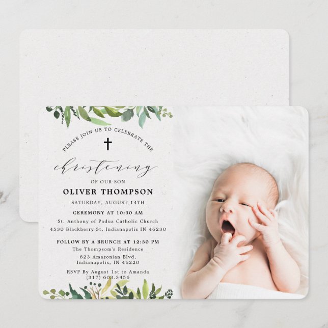 Invitación Elegante vegetación Eucalyptus Foto Christening (Anverso / Reverso)