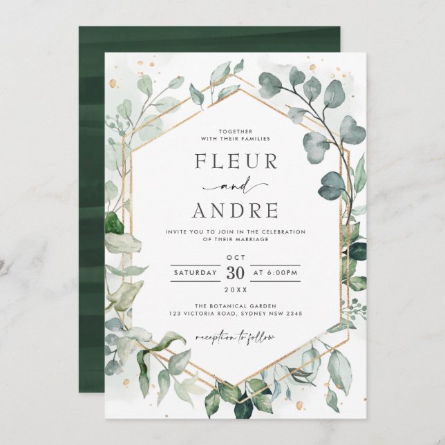 Invitación Elegante vegetación Eucalyptus Geométrico Gold Bod (Anverso / Reverso)