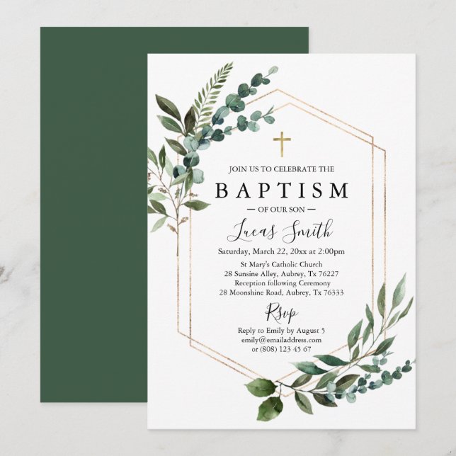 Invitación Elegante vegetación Eucalyptus Oro Baptismo (Anverso / Reverso)