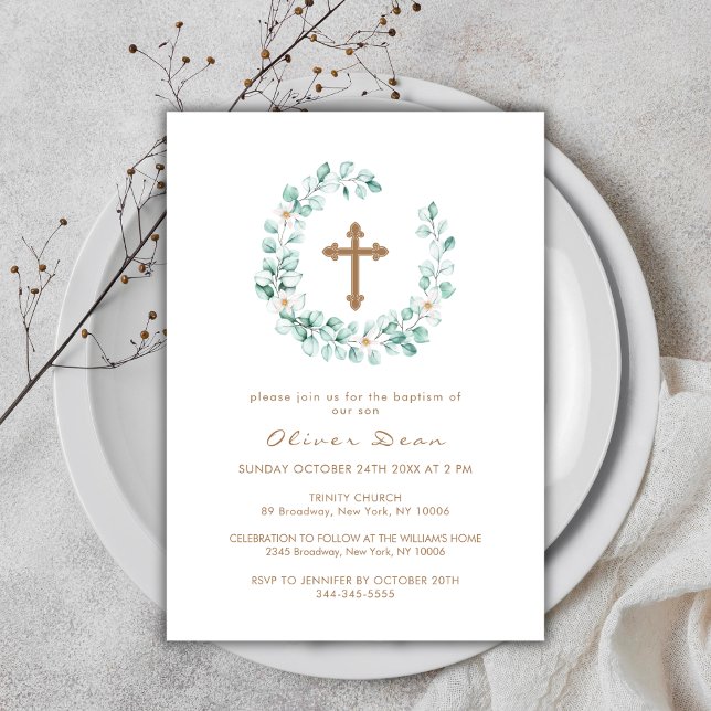 Invitación Elegante vegetación Eucalyptus Oro Baptismo (Elegant Greenery Eucalyptus Gold Cross Baptism Invitation)