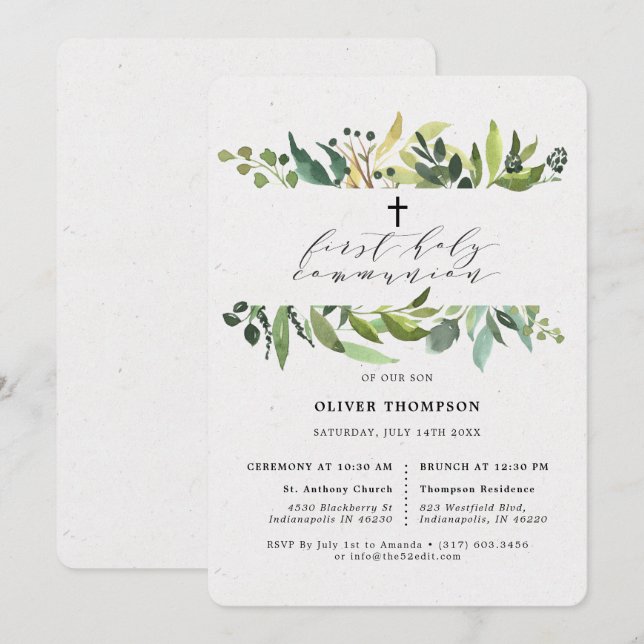 Invitación Elegante vegetación Eucalyptus Primera Comunidad (Anverso / Reverso)