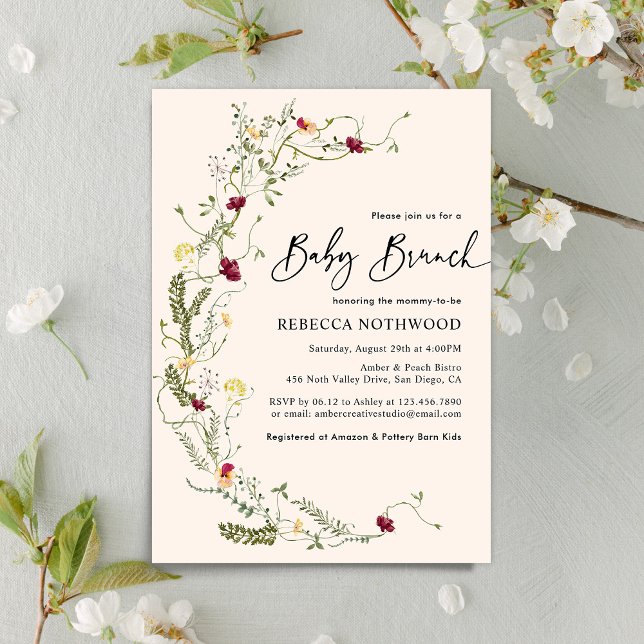 Invitación Elegante vegetación Flor salvaje Wreath Baby Brunc (Subido por el creador)