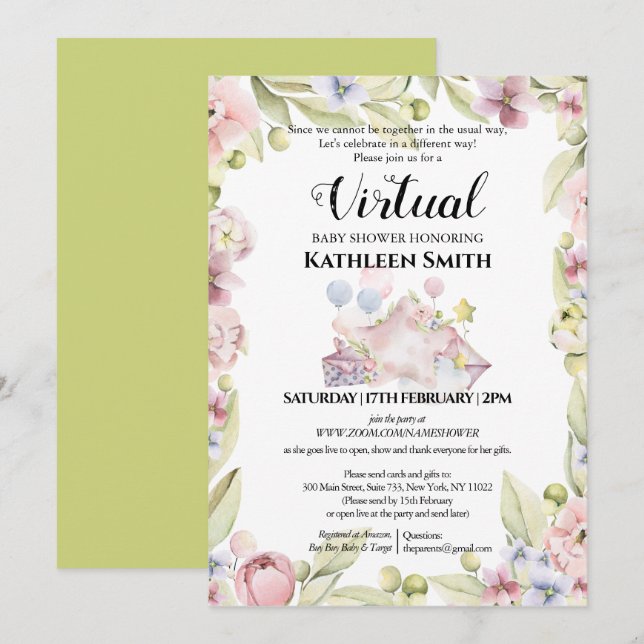Invitación Elegante Vegetación Floral Acuarela Ducha Virtual (Anverso / Reverso)