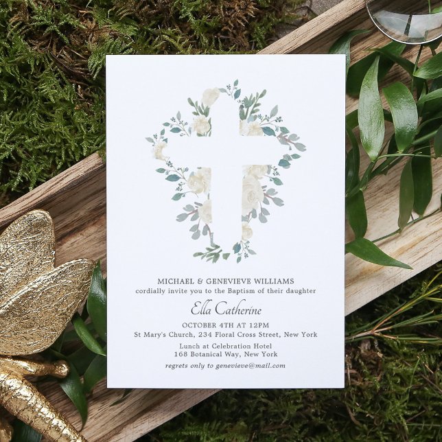 Invitación Elegante vegetación Floral Baptismo de la Cruz Bot (Subido por el creador)