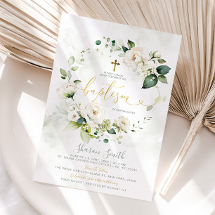 Invitación Elegante vegetación floral blanca bautizando bauti