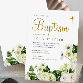 Invitación Elegante vegetación floral blanca con bautismo cru