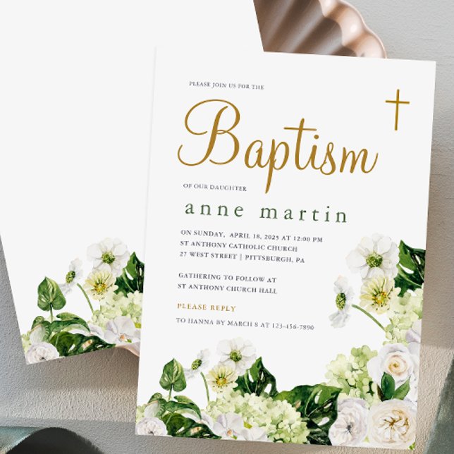 Invitación Elegante vegetación floral blanca con bautismo cru (Subido por el creador)