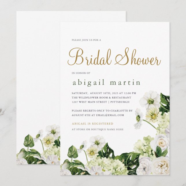 Invitación Elegante Vegetación Floral Blanca Ducha Bridal (Anverso / Reverso)