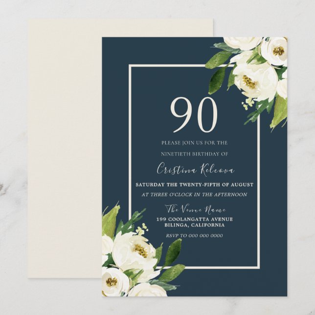 Invitación Elegante vegetación floral blanca moderna 90 cumpl (Anverso / Reverso)
