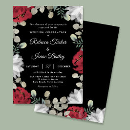 Invitación Elegante vegetación floral blanca roja en Boda neg