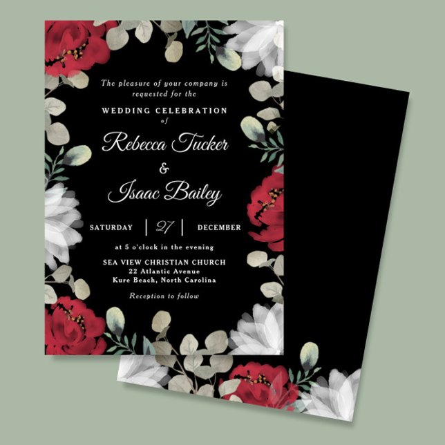 Invitación Elegante vegetación floral blanca roja en Boda neg (Subido por el creador)